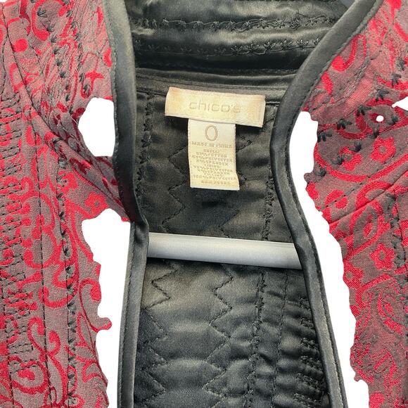 Chicos Red Black Jacquard Blazer Jacket Size O-8 Open Cardigan - Picture 4 of 11